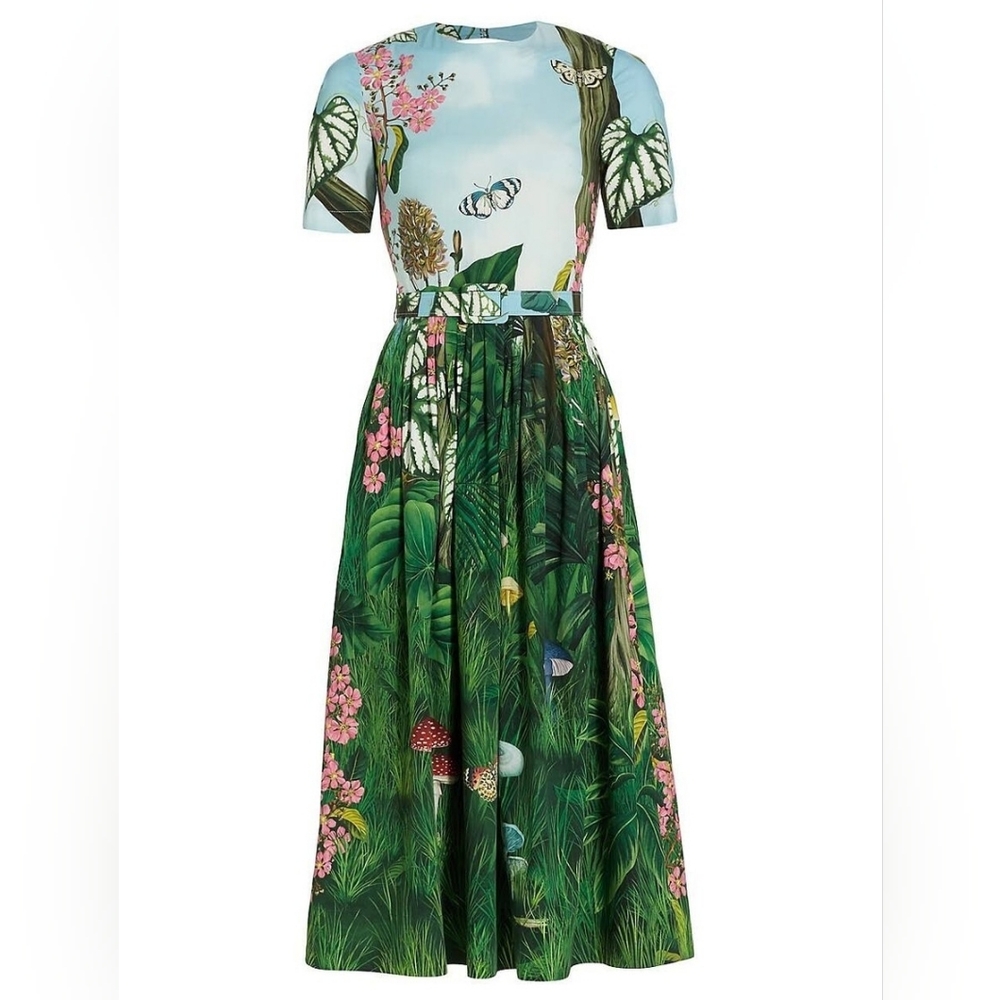 ♡$2,490 NEW OSCAR DE LA RENTA BOTANICAL FOREST POPLIN MIDI RUNWAY DRESS L